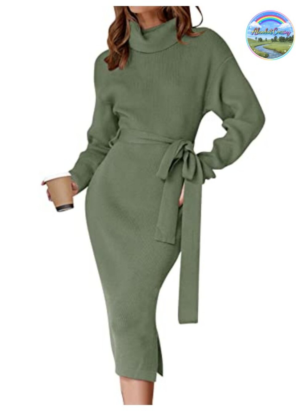 Ribbed Knit Turtleneck Bodycon Midi Sweater Dress with Belt